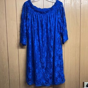 Sharagano Woman blue lace overlay dress